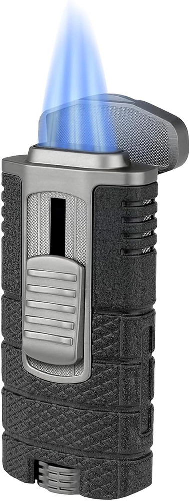 Tactical Triple-Jet Lighter - Powerful Flame, Adjustable, Pocket Clip, Black/Gun