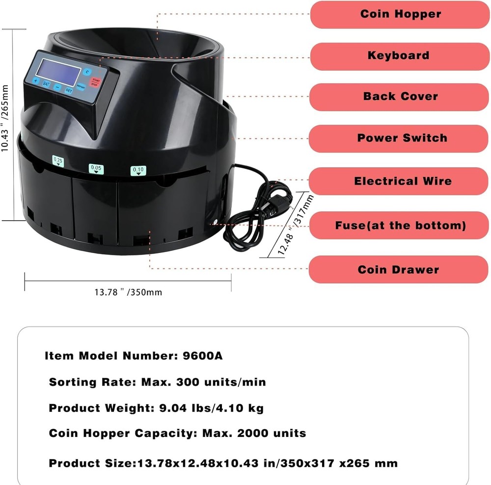 T9600A Professional USD Coin Counter, Sorter, Coin Counting Machine, Automatical