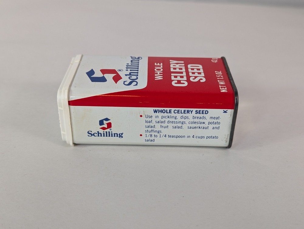 Vintage 1977 Schilling McCormick Whole Celery Seed 1.5 Oz Empty Spice Tin
