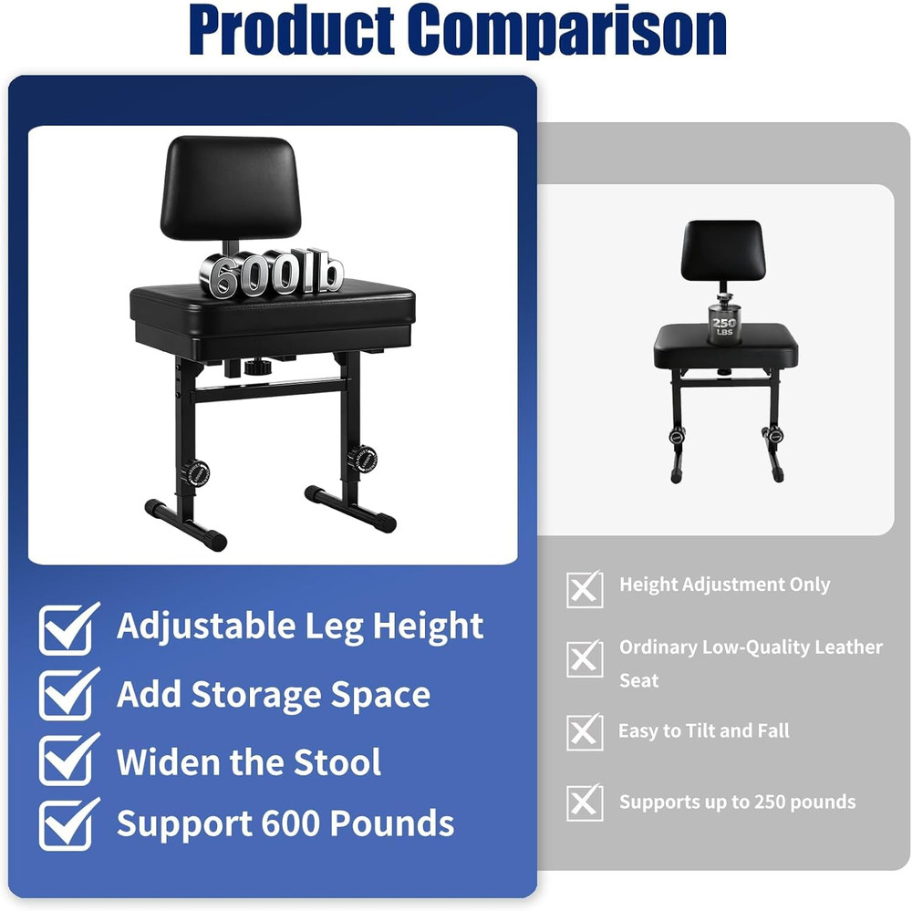 Adjustable Piano Bench with Storage,Guitar Stool with Back Support Music Keyboar