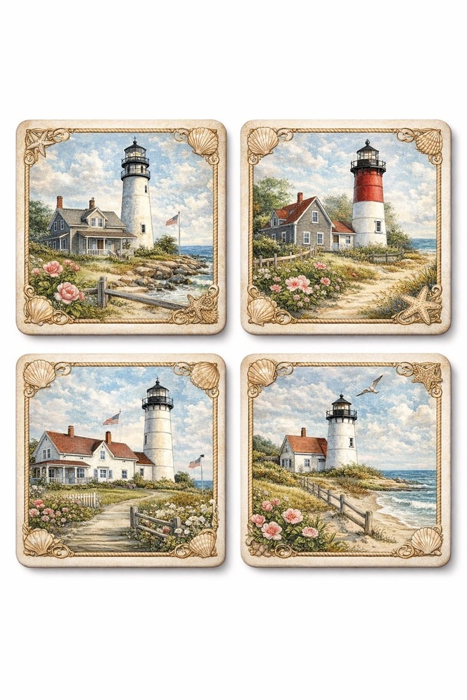 Cape Cod Light Houses Ceramic Coasters Set of 4.