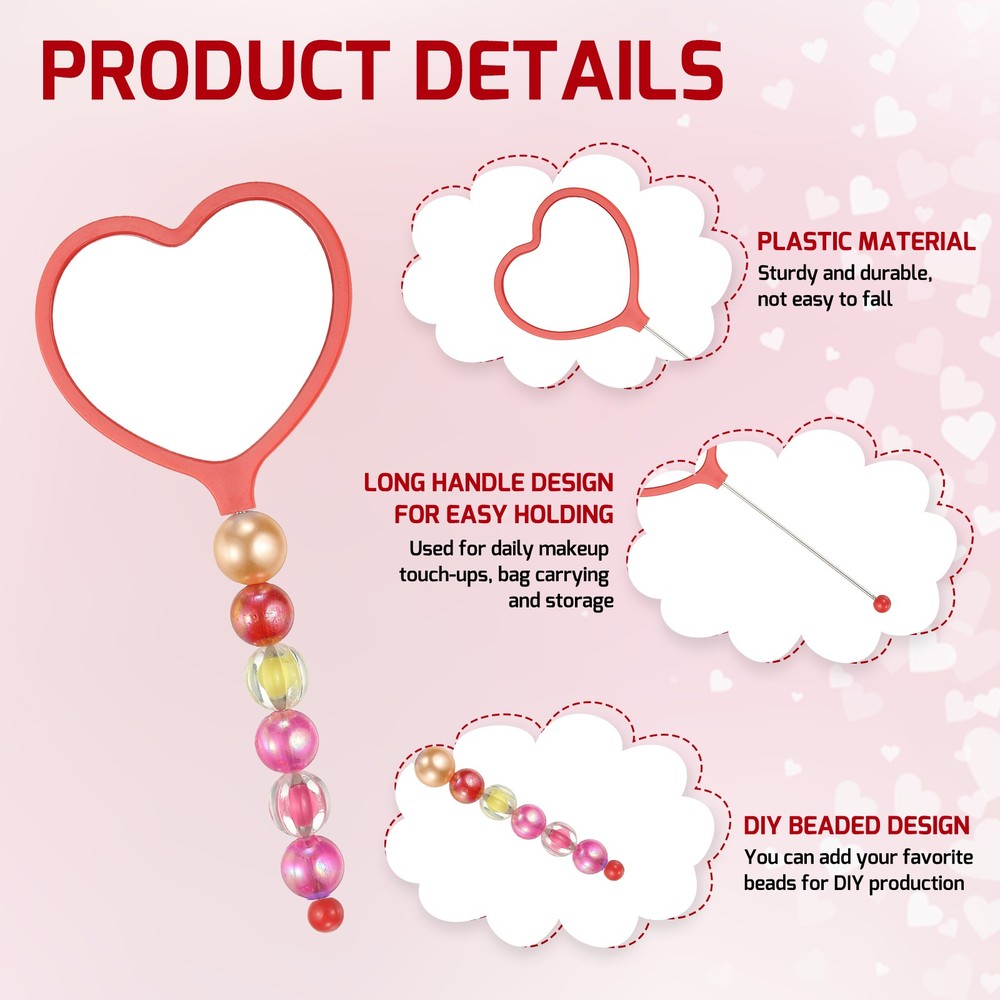 3 Pcs Beadable Mirrors with Handle 6.4" Heart Shape Bead Mirror Bars Bright Red