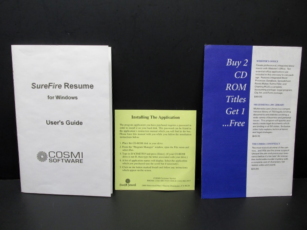 SureFire Resume User Guide / Instruction Manual, Cosmi Software, 1993, No Box