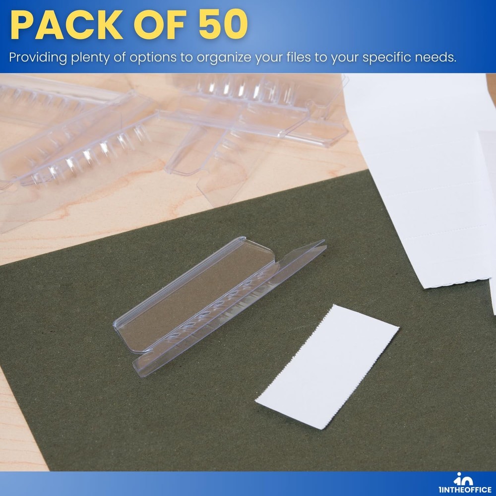 File Folder Tabs 2" x 5/8" Clear Plastic Inserts 50/Pack - Organize Hanging