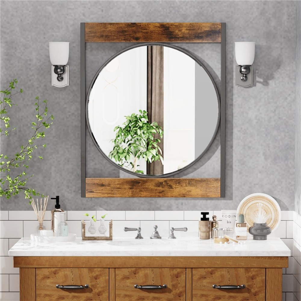 Rustic Farmhouse Black Metal & Solid Wood Frame Accent Mirror Decorative Mirrors