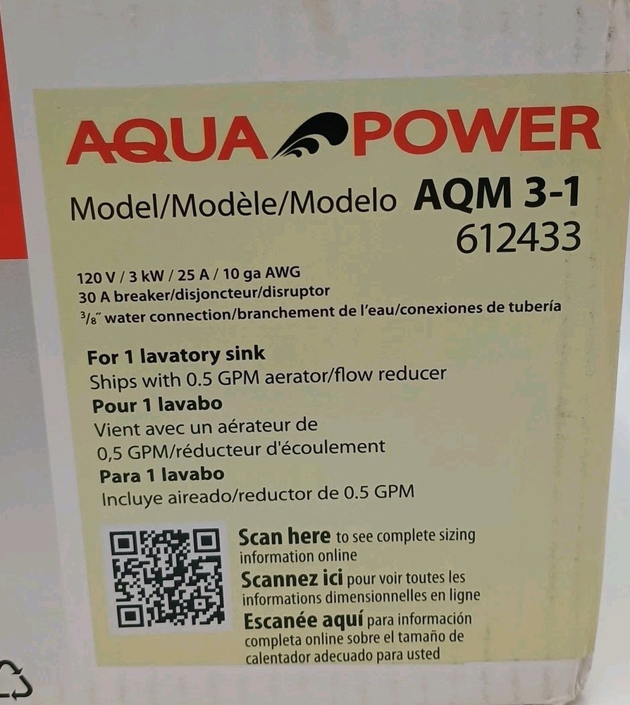 Aqua Power Tankless Electric Water Heater AQM 3-1 612433 For 1 Lavatory Sink
