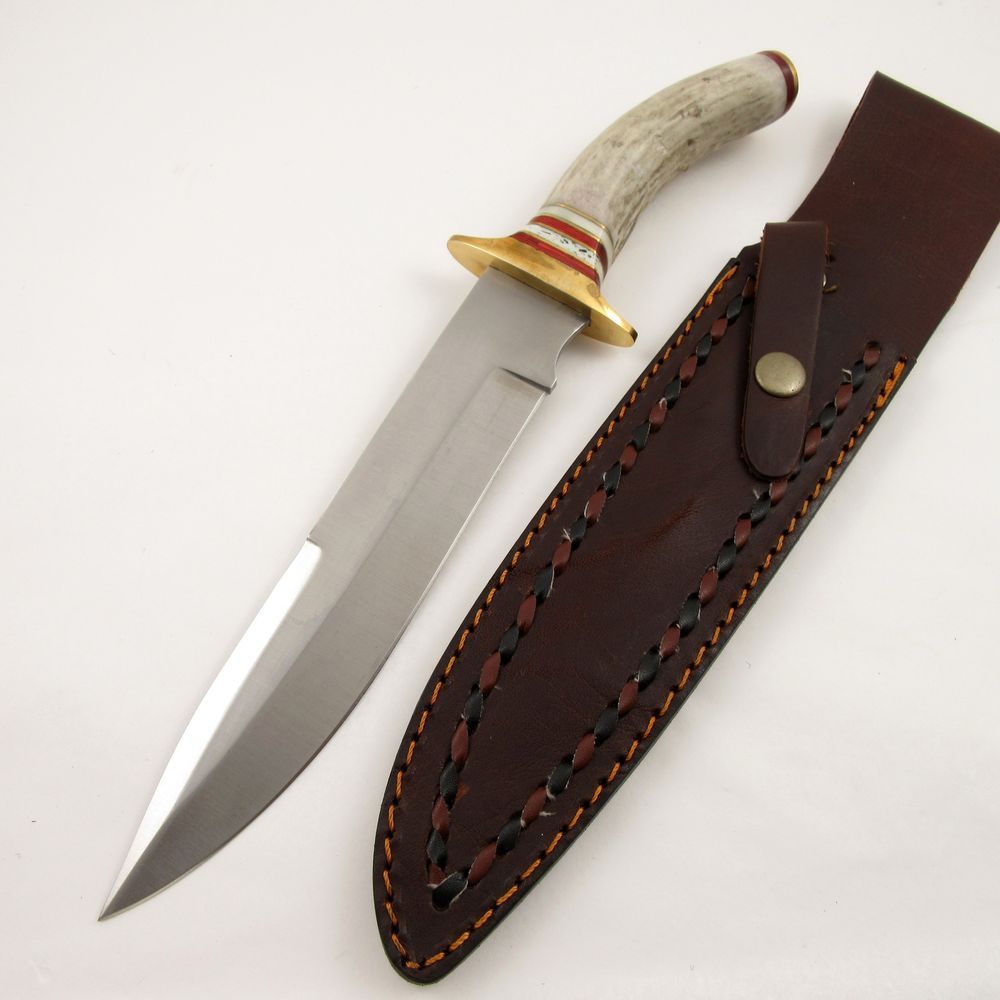 FIXED-BLADE BOWIE KNIFE | 13" Stag Handle Brass Frontier Blade w/ Leather Sheath