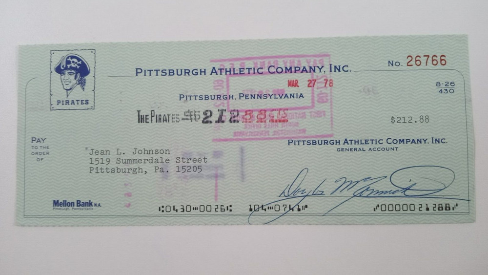 Jean L. Johnson: 1978 Pittsburgh Pirates Expense Check
