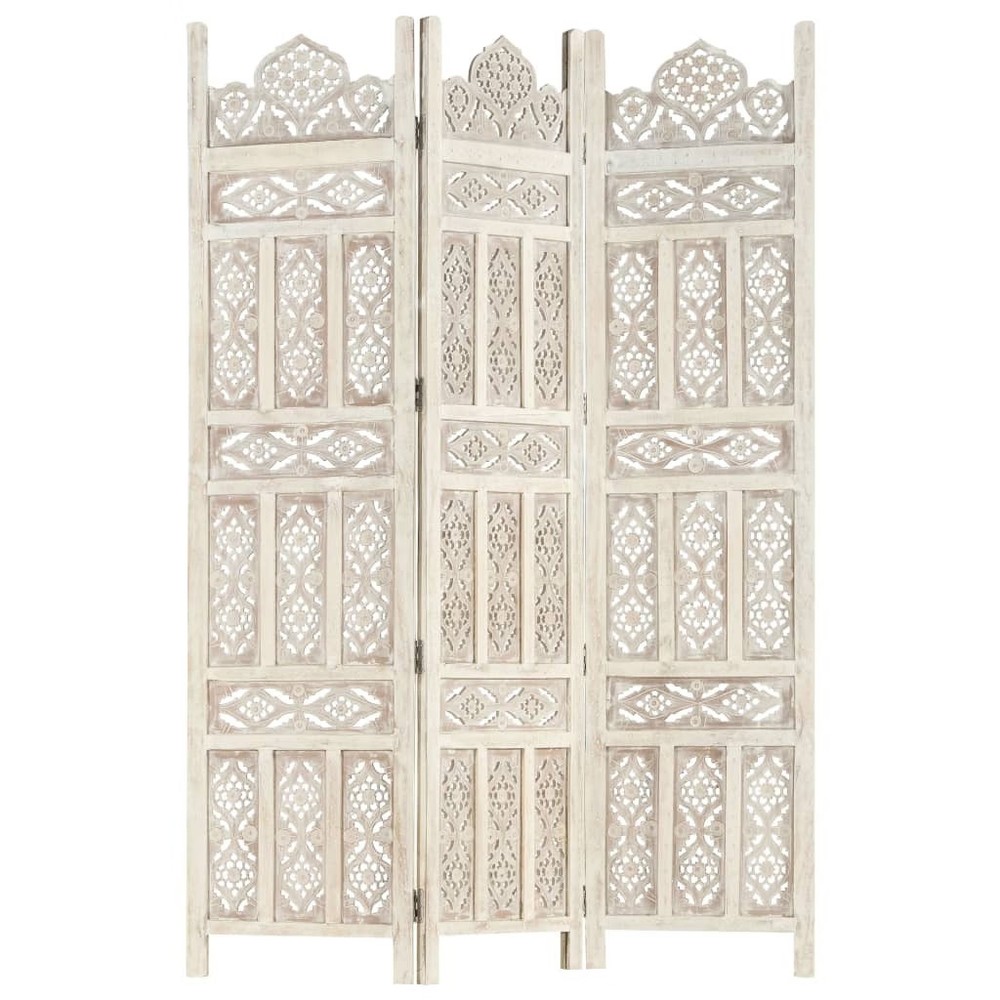 Hand carved 3-Panel Room Divider White 47.2"x65" Solid Mango Wood
