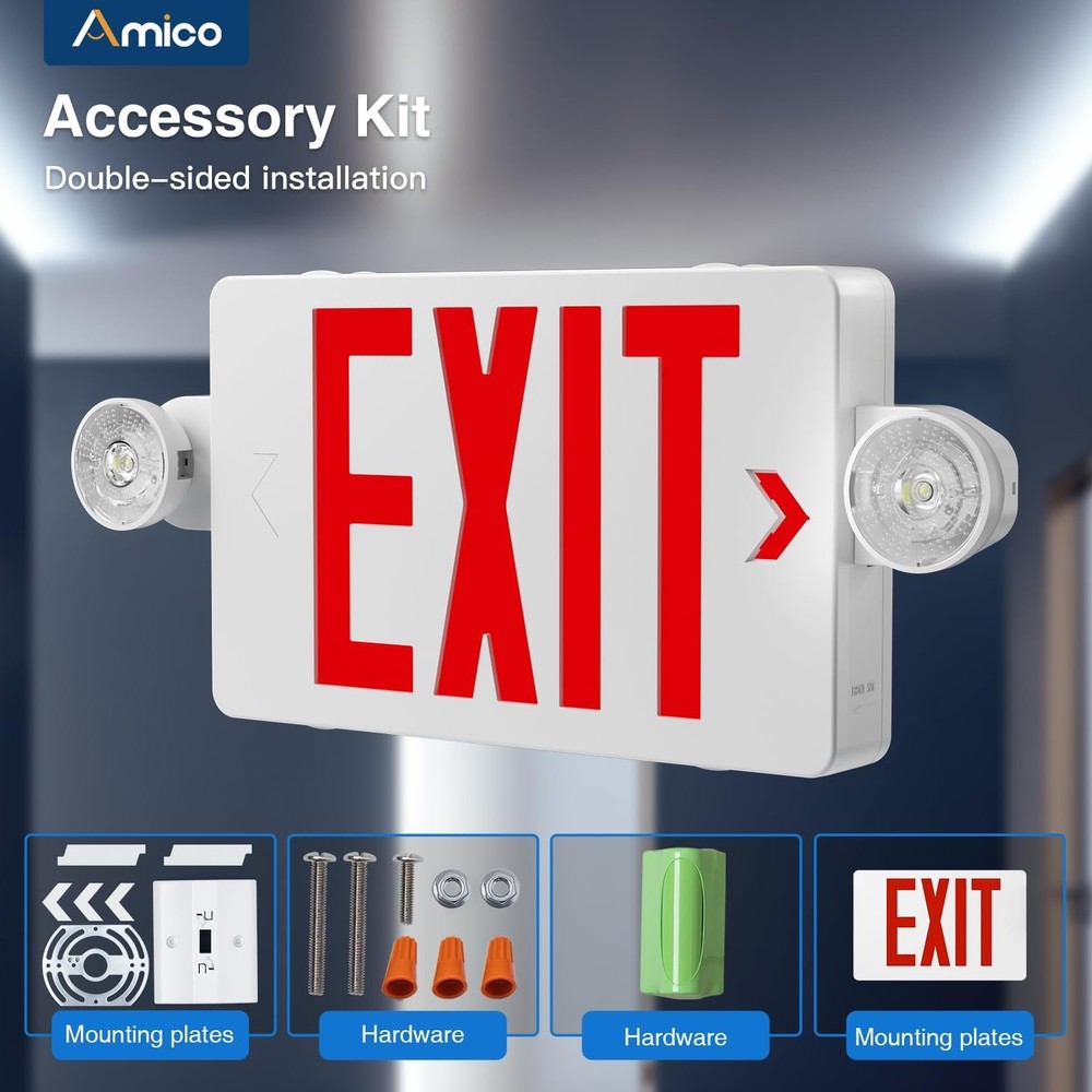 Amico Red LED Exit Sign With Emergency Exit Lights - Double Sided - New In Box
