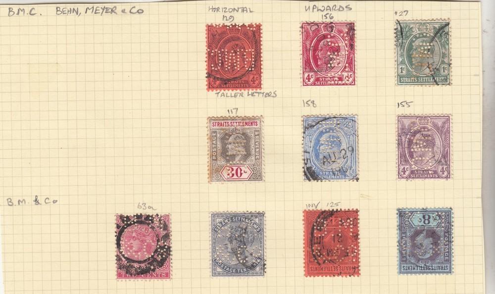 Straits Settlements: QV, EDVII, GV Perfins, B.M.C, Behn, Meyer & Co