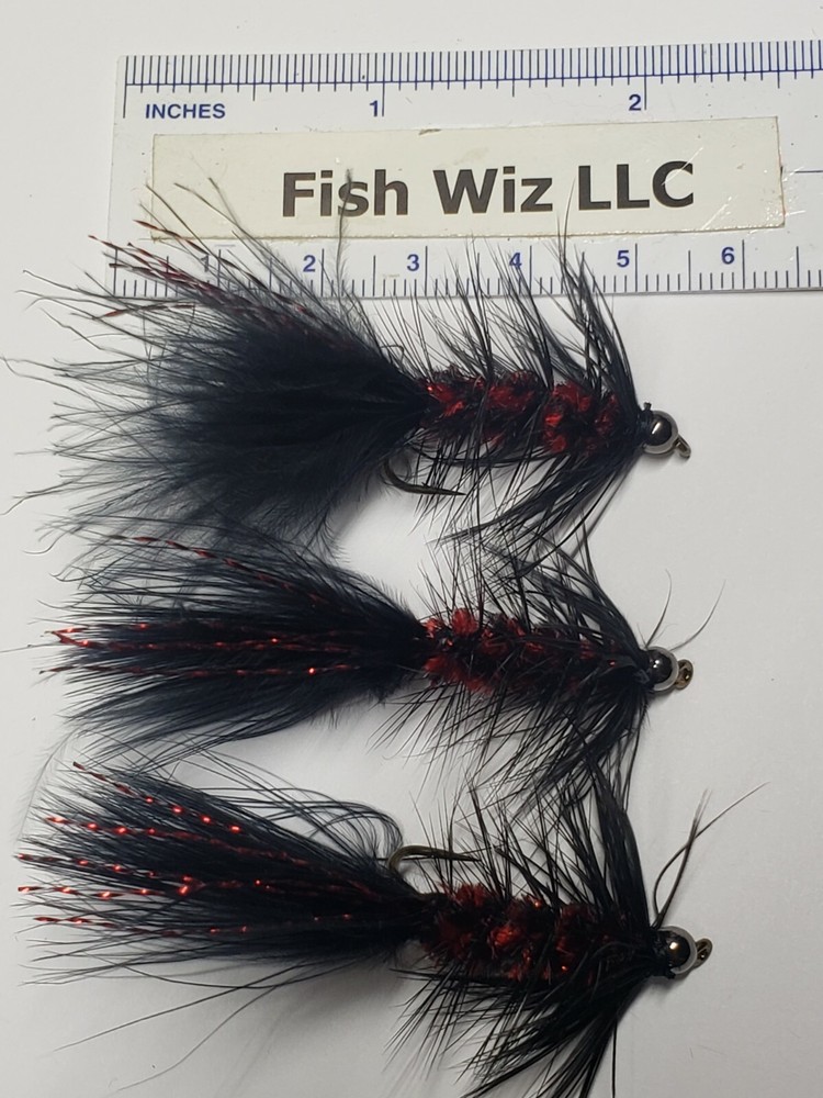 Woolly Bugger Black with Red Flash Bead Head Size 6 (per 3)