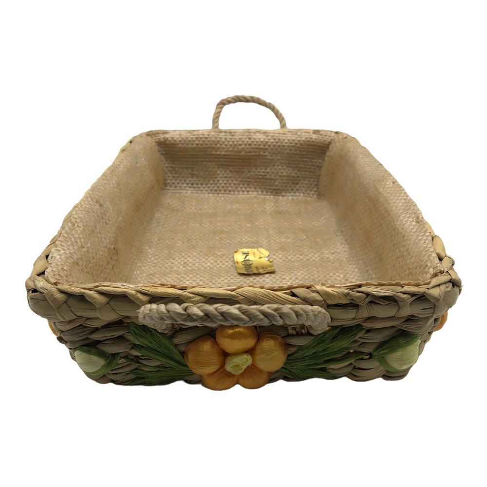 Vintage Handmade LINROSE Floral Rectangular Serving Basket Raffia Wicker