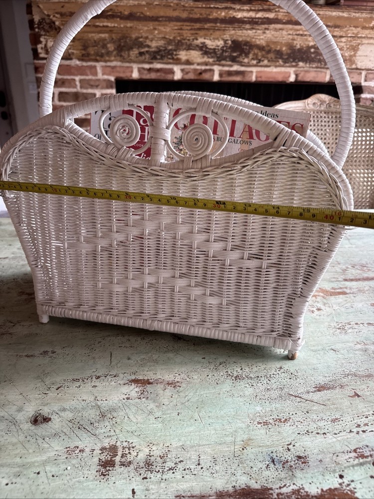 Vintage White Wicker Magazine Rack Storage Stand