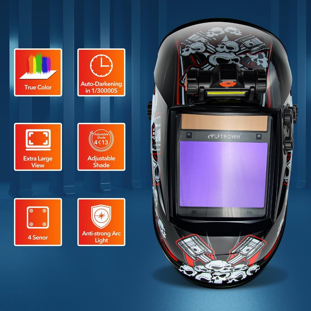 TRQWH Pro Welding Helmet with Grind Mode, True Color Large View & 4 Arc Sensor