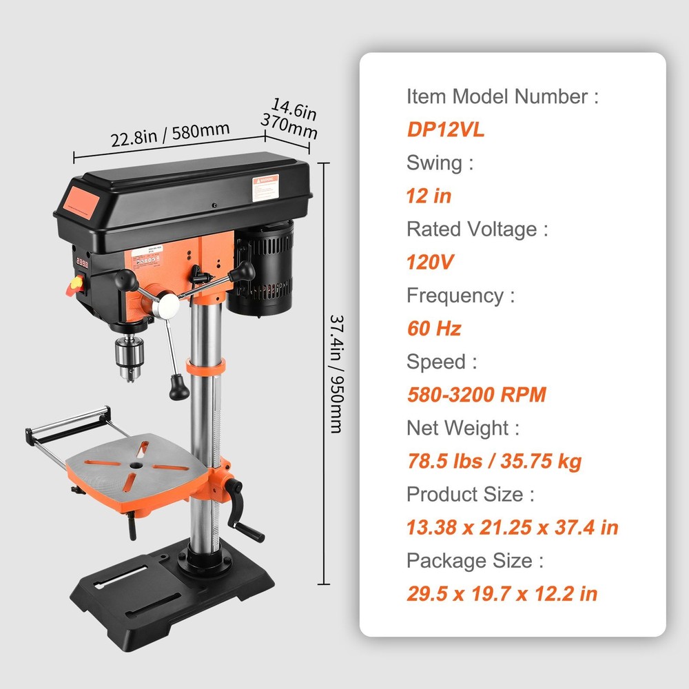 12in Variable-Speed Drill Press, 5A Induction Motor, 45° Tilt Table