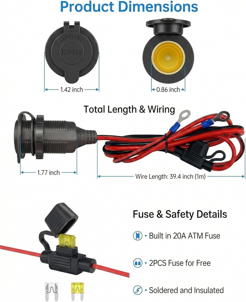 3FT 12V Fixed Thread Cigarette Lighter Socket Extension Cable, 12V Waterproof Ou