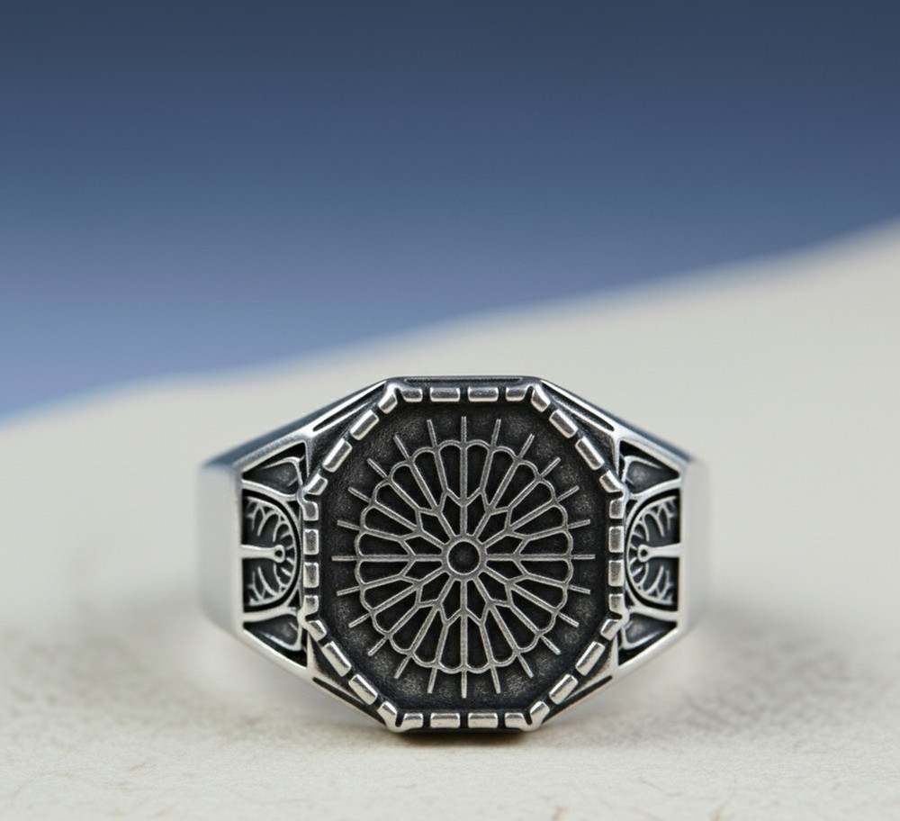 Bold 925 Sterling Silver Hexagon Ring with Intricate Sunburst Mandala Pattern