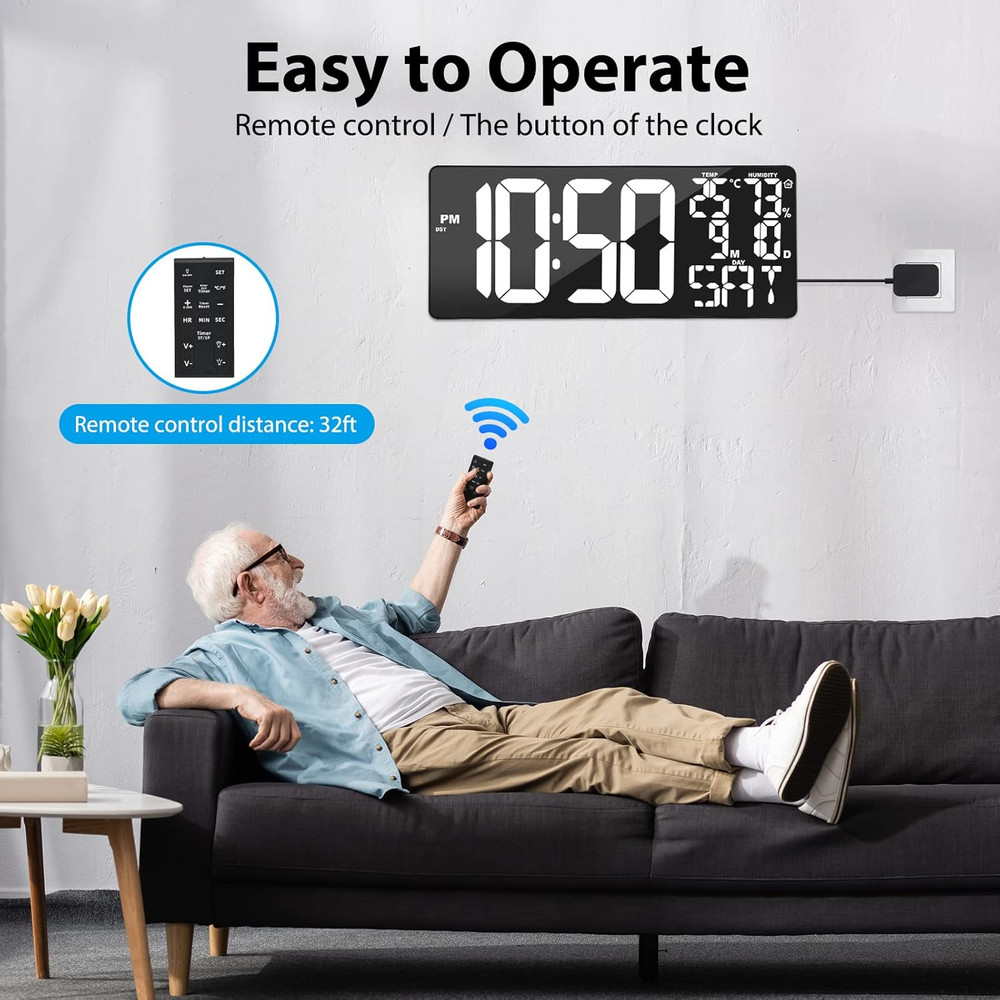 18 Inch Oversized Digital Wall Clock with Remote Control, Auto-Dimming, Temperat