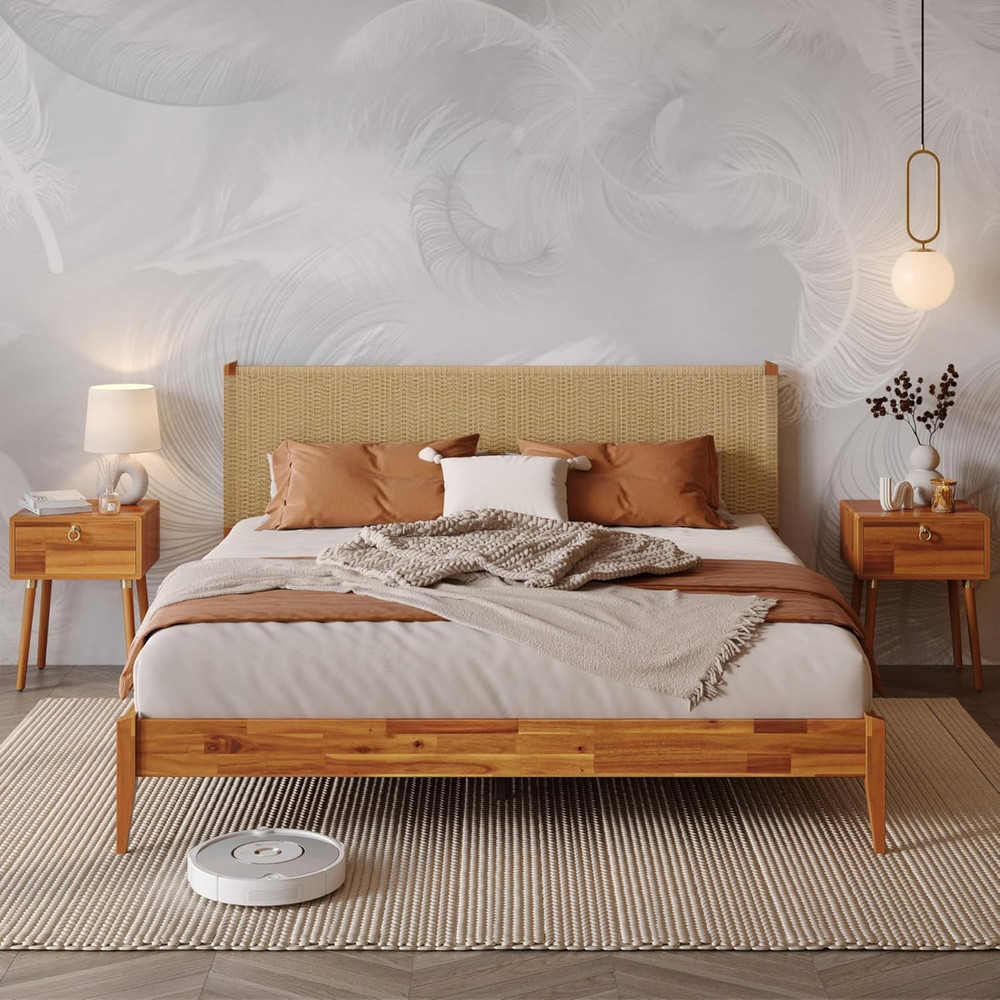 Selina King Bed Frame & Caden Solid Wood Nightstand, Caramel Finish