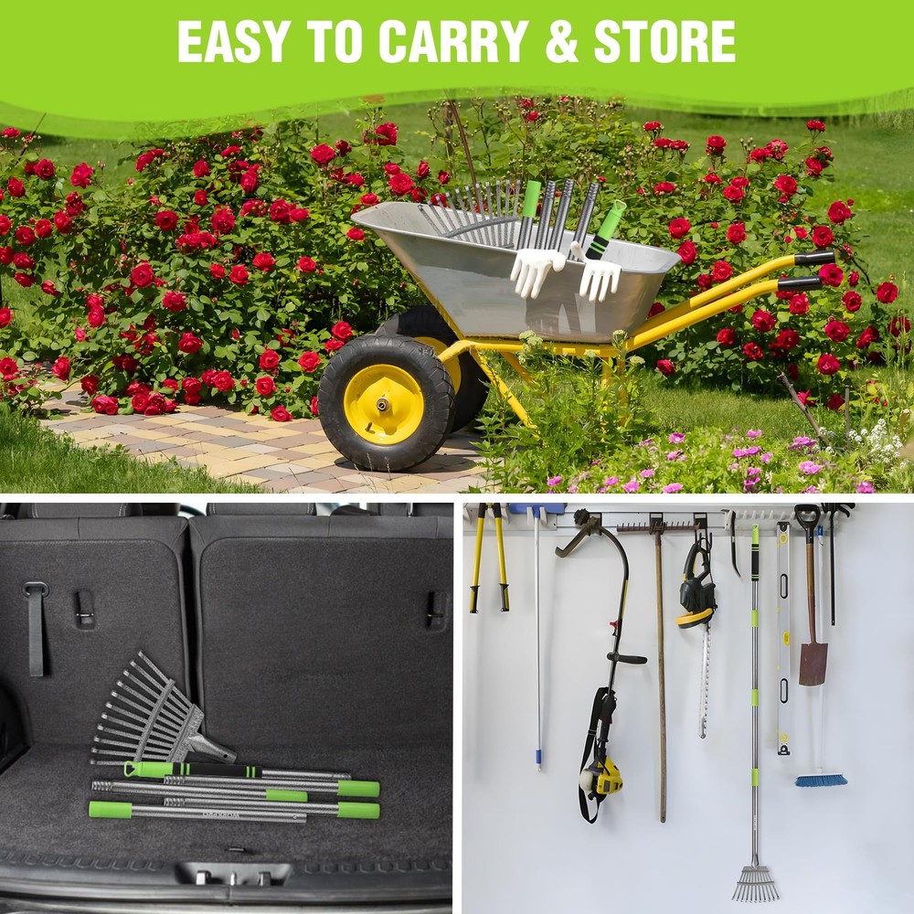 Small Rake for Leaves 72” Adjustable Handle 11 Steel Tines