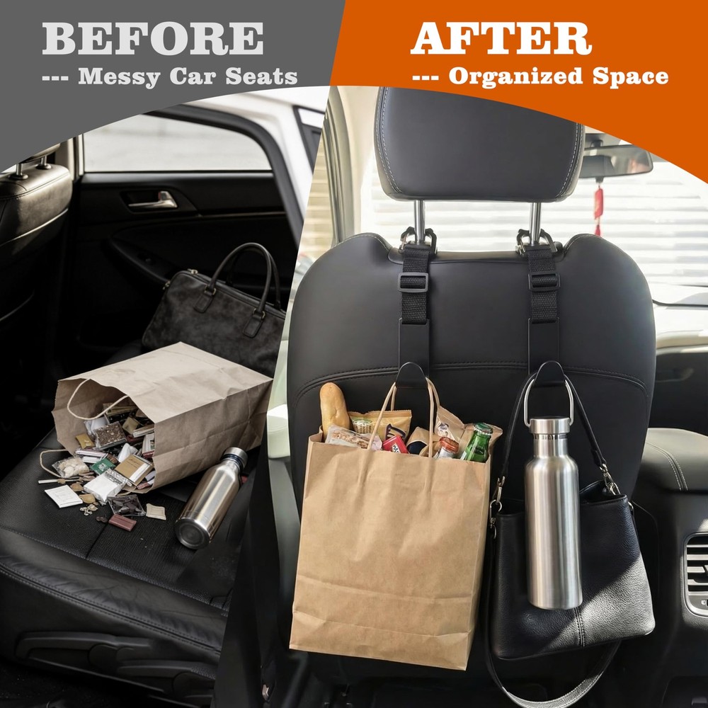 Car Headrest Hooks 4 Pack Adjustable Universal Fit Auto Seat Back Organizer