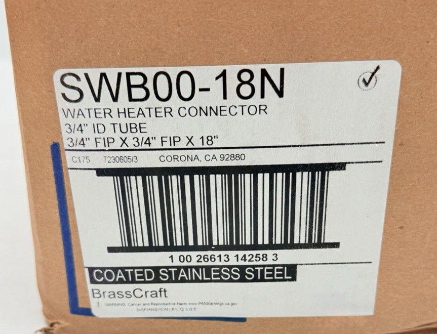LOT OF 2, SWB00-18N BRASSCRAFT, WATER HEATER CONECTOR 3/4FIP X 3/4 FIP X 18"