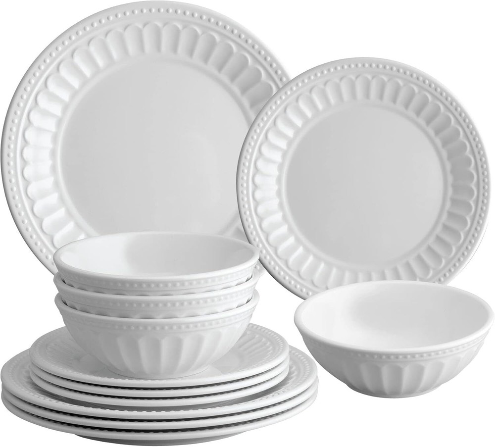 UPware 12-Piece Melamine Dinnerware Set, Includes Dinner Plates, Salad White