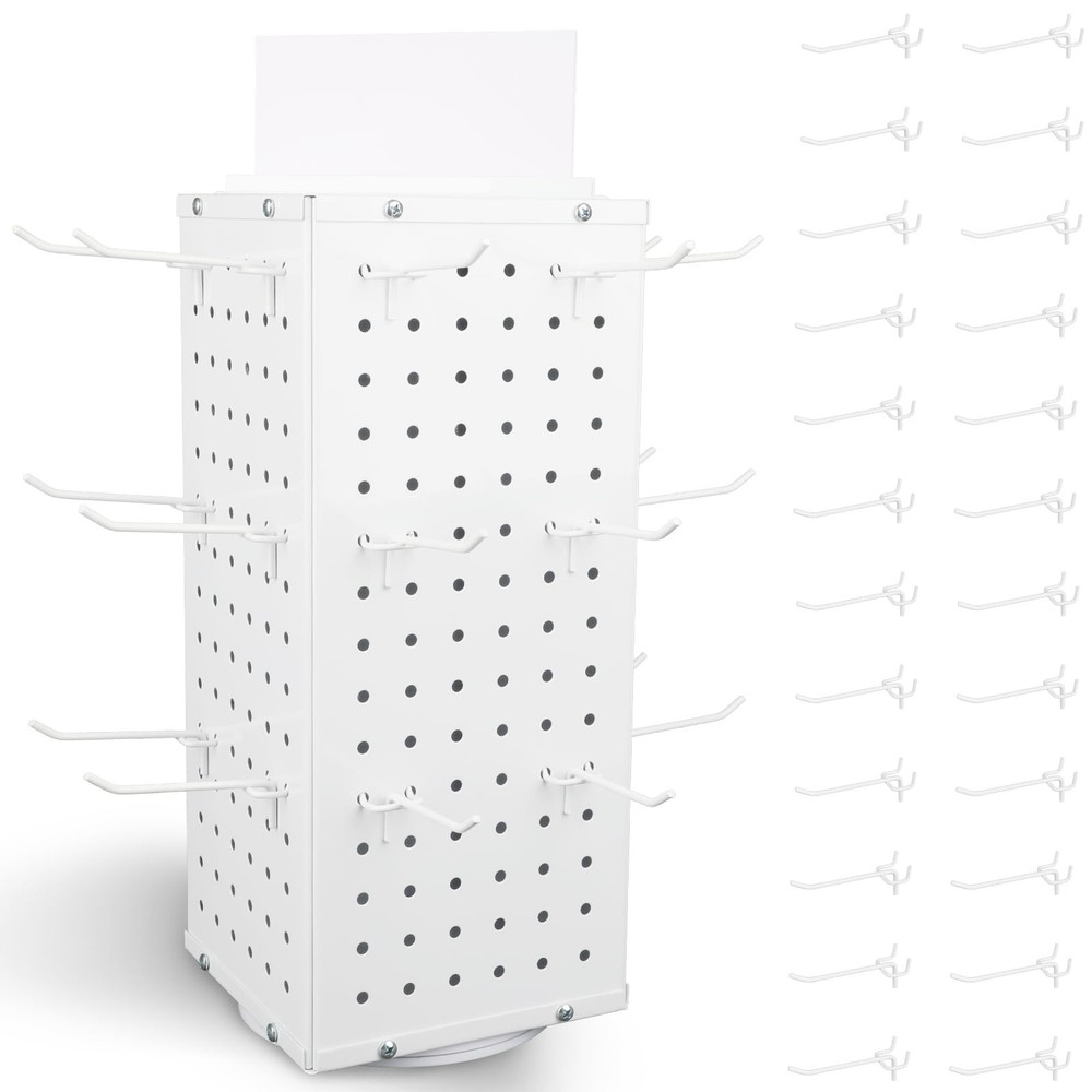 Rotating Pegboard Display Stand With 24 Hooks, 4-Sided Metal Spinning Peg Boa...