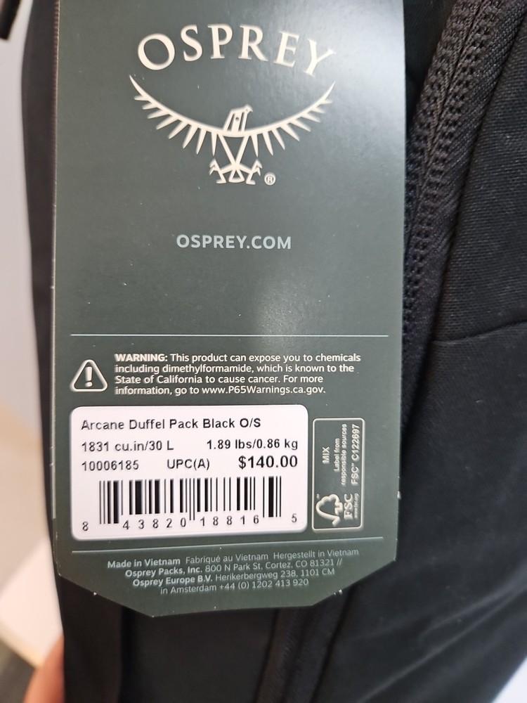 Osprey Arcane Duffel Bag/Backpack 30L. Black.