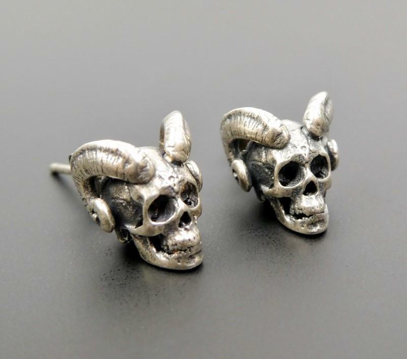 Handmade Sterling Silver Devil Demon Skull Horn Stud Post Earrings Gothic Punk