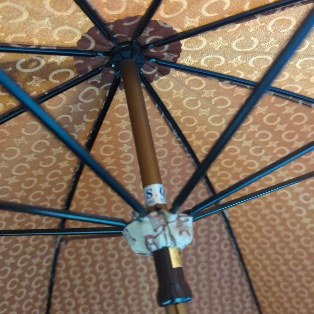 CELINE Macadam Long Umbrella Brown Wooden Handle Shoulder Strap Authentic
