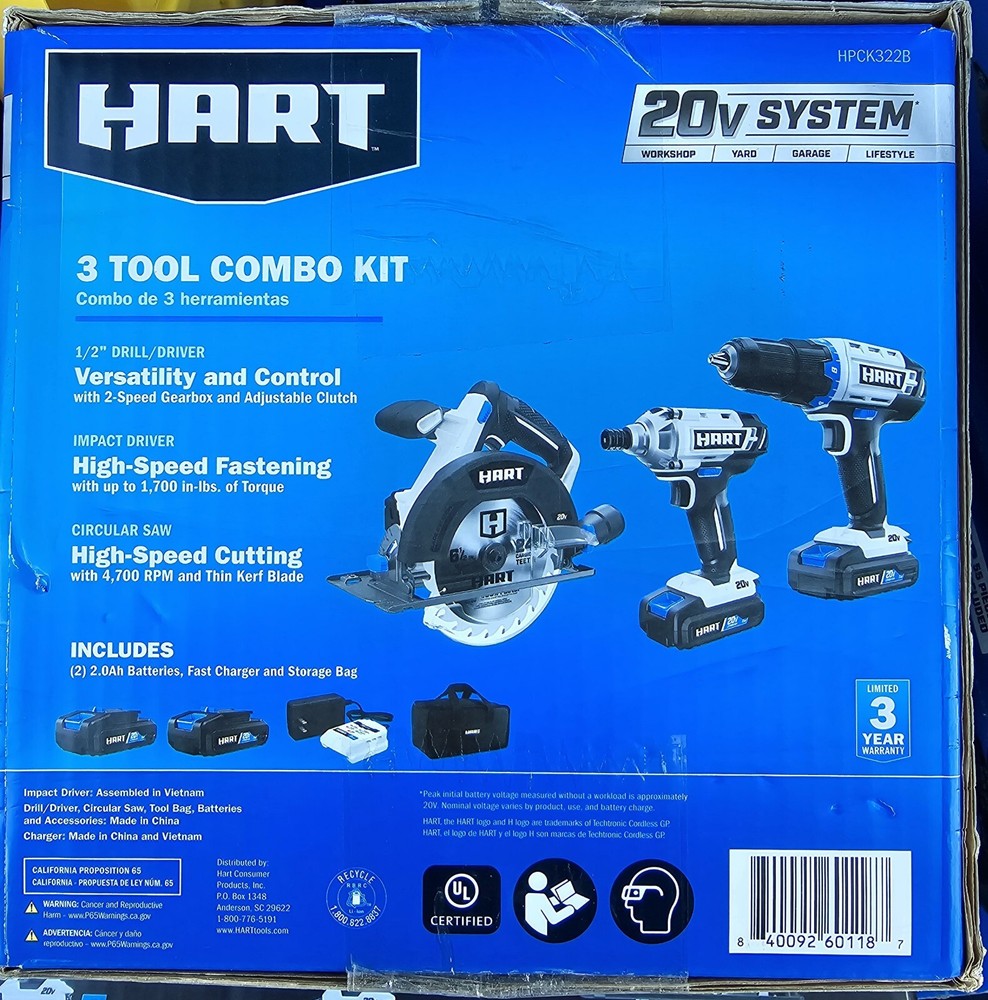 Drill, Impact Driver, Circular Saw Combo - HART HPCK322B Tool Combo Kit