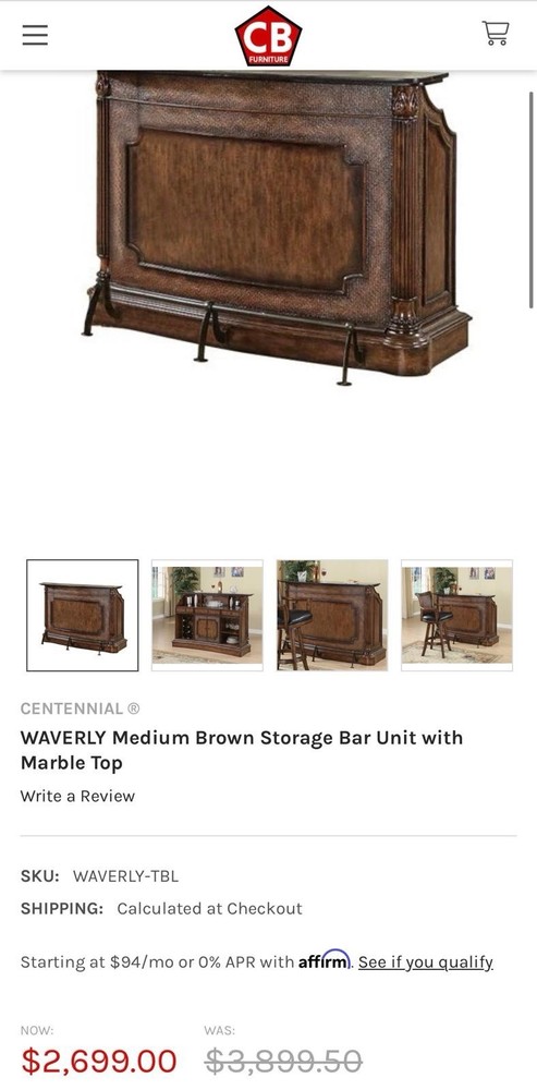 Waverly Medium Brown Storage Bar Unit With Marble Top