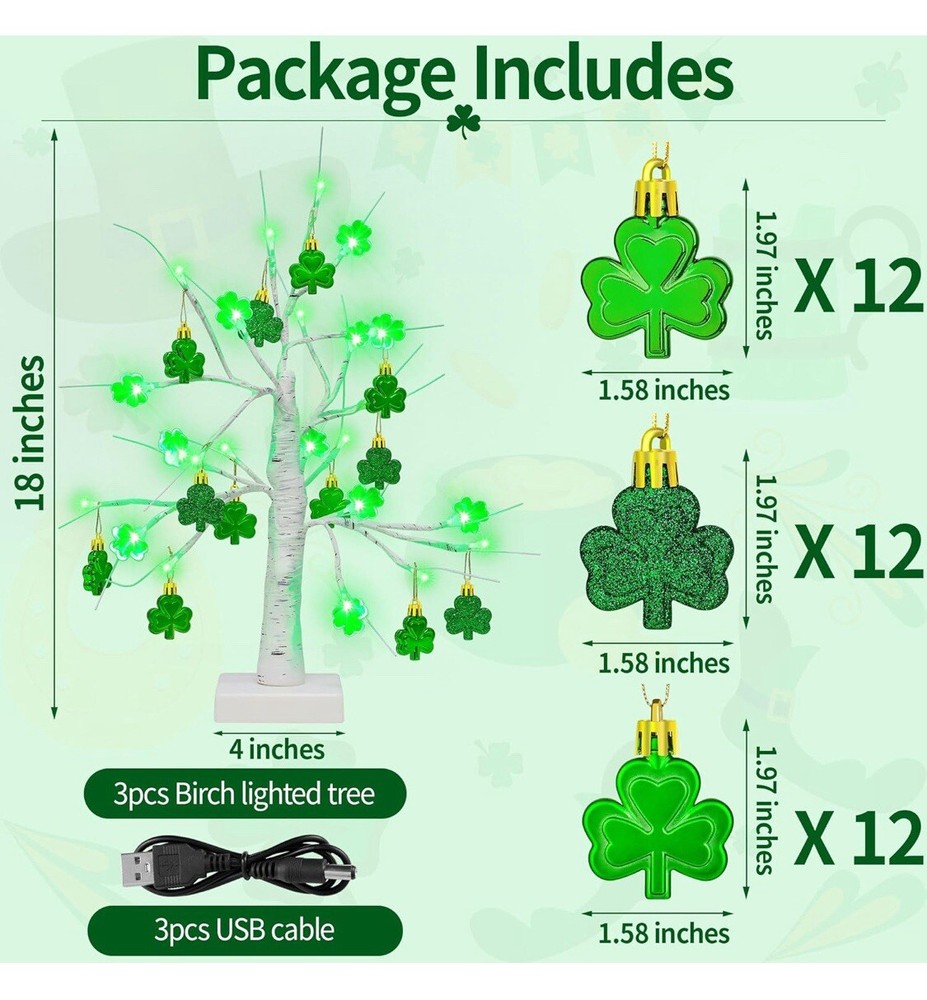 3-pk St Patricks Day Birch Tree 18in Light Up Table Top Artificial LED Tree