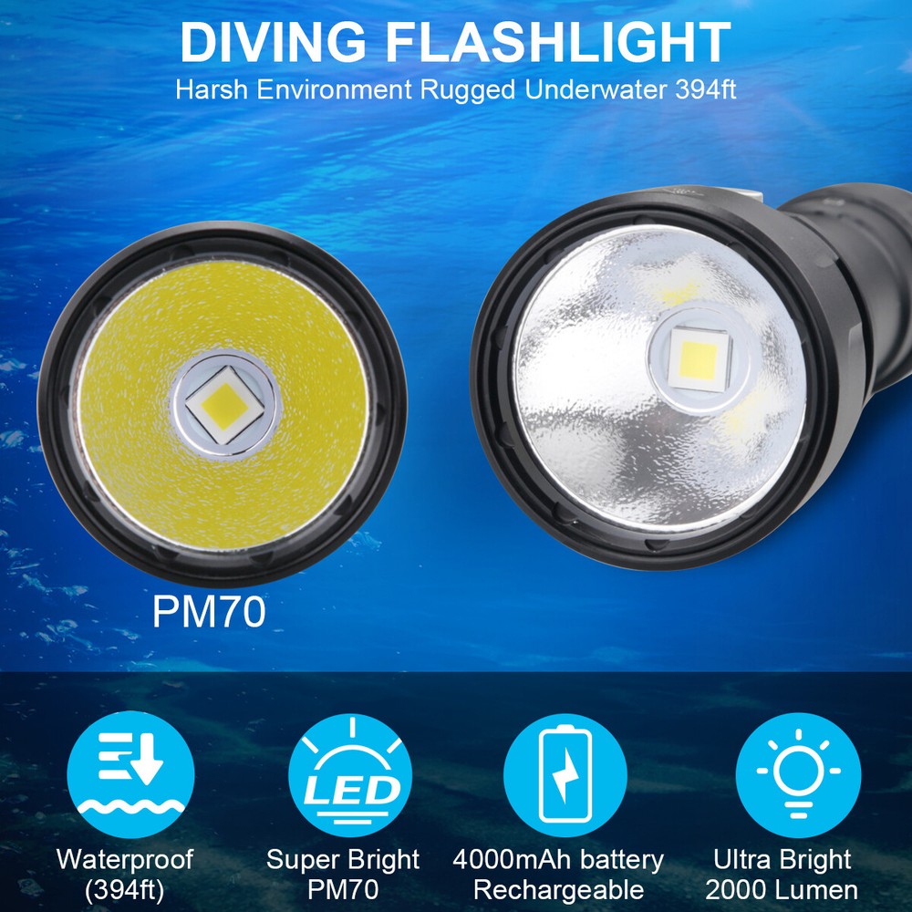 Underwater 394ft Waterproof Scuba Diving Flashlight Rechargeable Dive Torch Lamp