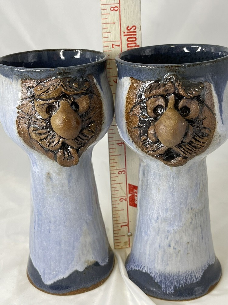 Studio Pottery Ugly Funny Face Wine Goblets
