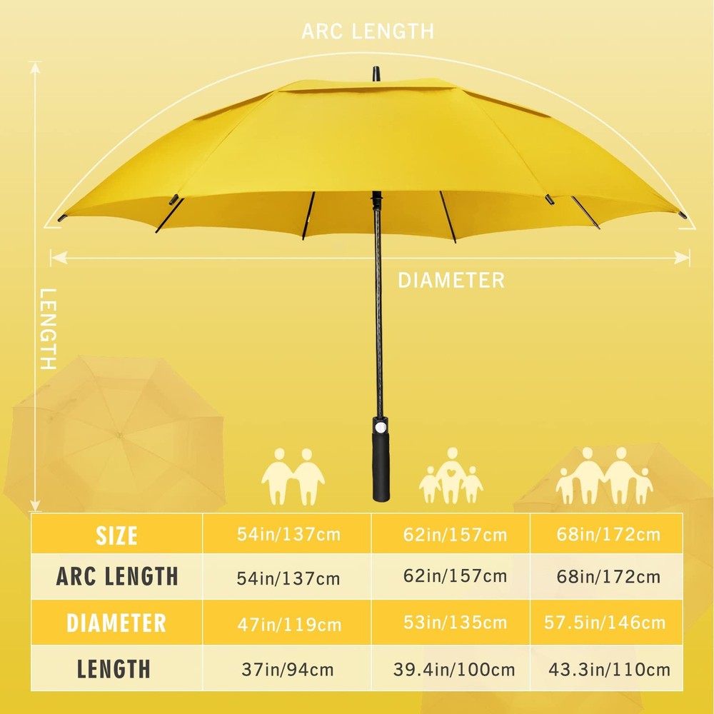 Golf Umbrella Windproof Extra Large Double Canopy Heavy Duty 62inch Yellow