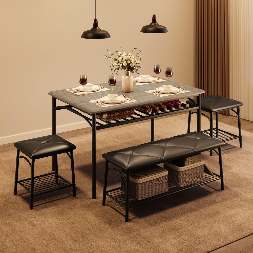 Dining Room Table Set for 4 Kitchen Table with Bench ,Stools & Storage Rack Grey