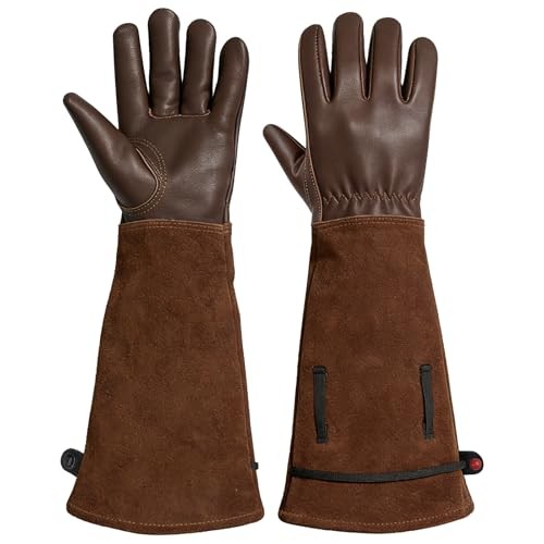 Women’s Garden Gloves, Long Elbow Cuff Adjustable Strap, Sun & Small Brown