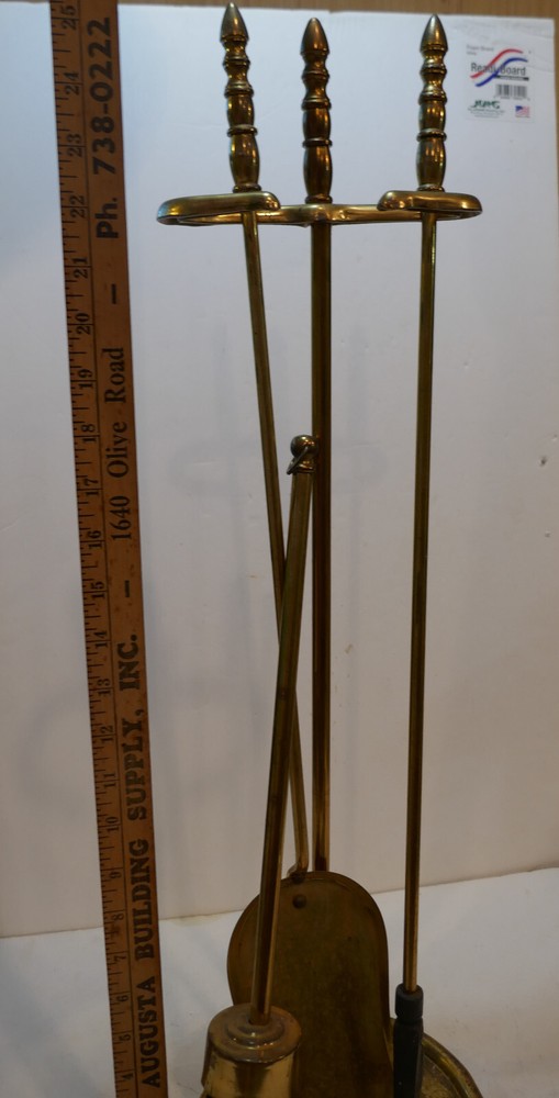Vintage Solid Brass 4 Piece Fireplace Tool Set MCM Sweep Poker Shovel NICE