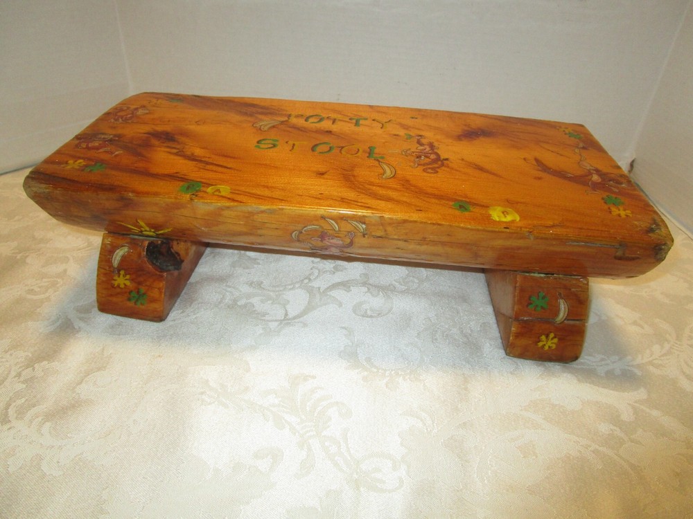 Vintage Rustic Handcrafted Wood Log Slab Potty Step stool Hand Painted Primitive