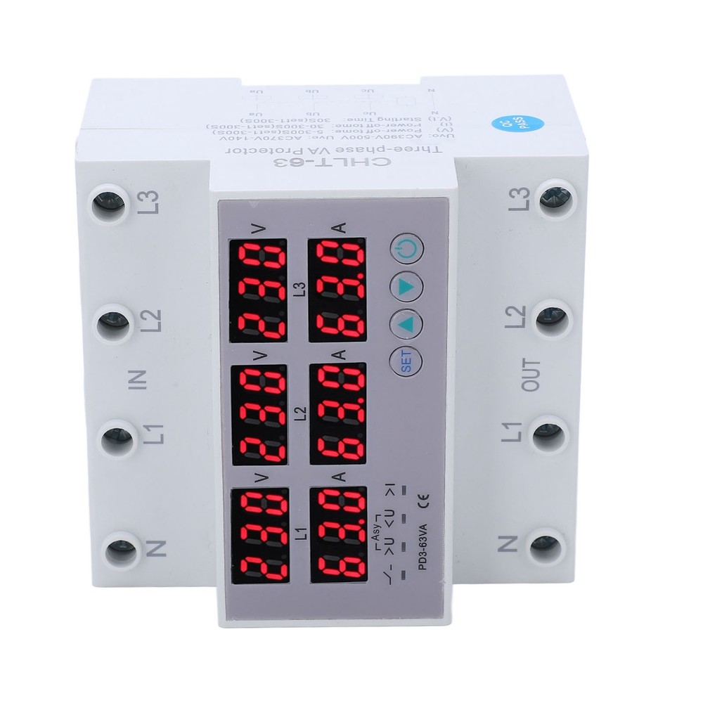 3 Phase DIN Rail Voltmeter Ammeter Auto Overvoltage Overcurrent Protector AC 63A