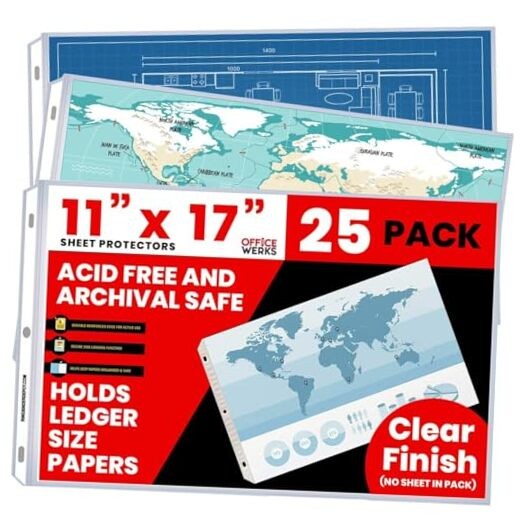 11 x 17 Sheet Protectors, Landscape View, 25 Pack, Side Loading, Protect,