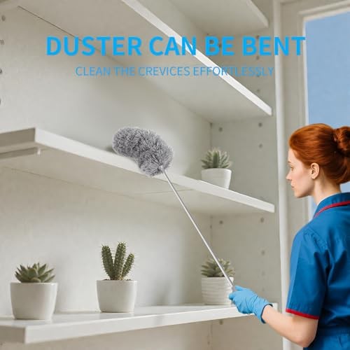 Mini Microfiber Duster for Cleaning, Hand Duster with Extension Pole, Blue Grey