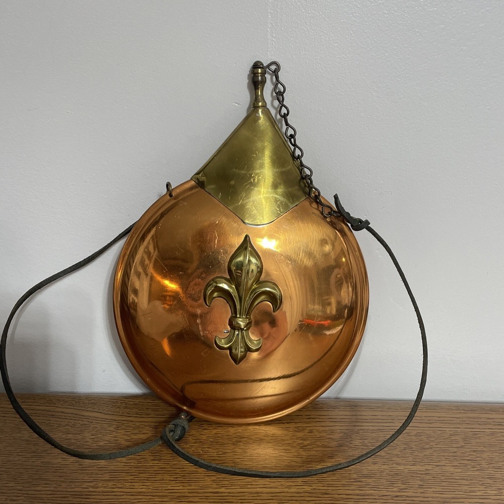Vintage Solid Brass 2 Tone Fleur de Lys Decor Powder Flask Leather Strap England