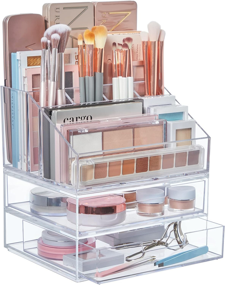 Stackable Clear Makeup Holder & Double Organizer Drawer Set - Cosmetics Supplies