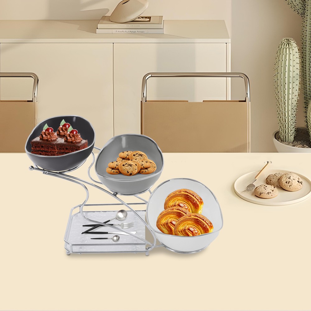 3 Tier Fruit Serving Bowls w/ Stand Fruit Serving Bowl Holder for Kitchen Silver