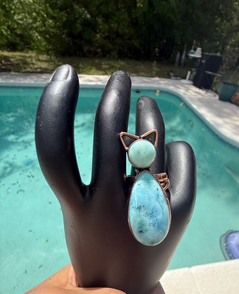 Artisan Cat-Shaped Larimar Copper Statement Ring Adj Handcrafted Whimsical gift