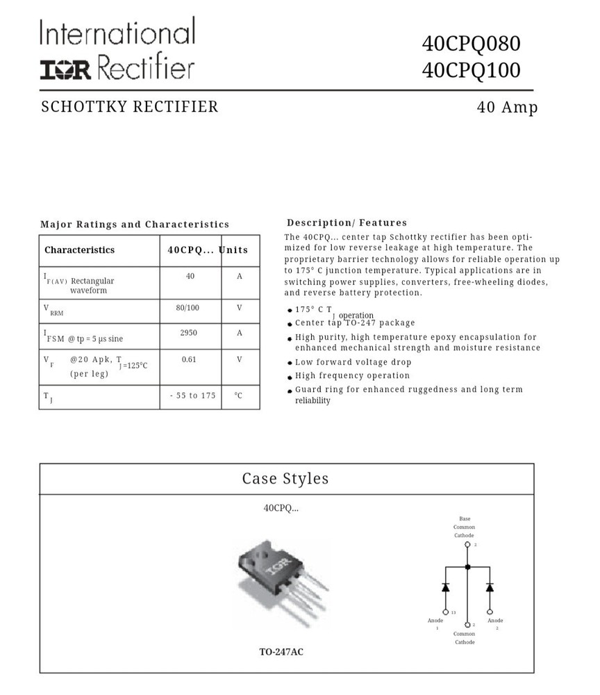 40CPQ100 Rectifier Diode Schottky 1 Phase 2 Element 40A 100V